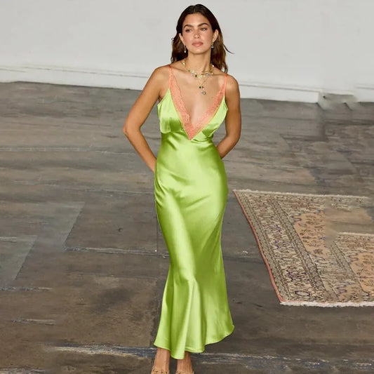 Sexy Deep V Neck Backless Long Dresses Green French Style Satin Dress Elegant Clothes Woman