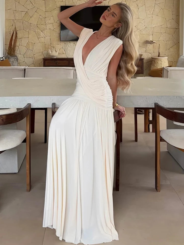 Elegant Deep V Neck Sexy Maxi Dress Women Fashion Sleeveless Draped Ruched Waist Bodycon Club Party Long Dresses Female