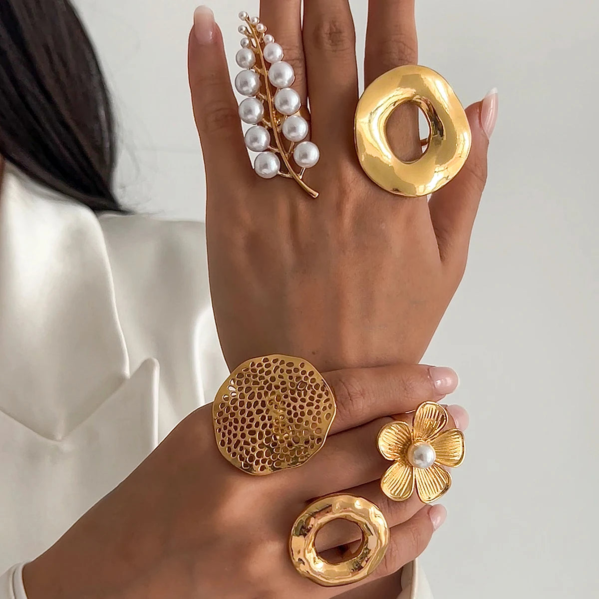 Creative Unique Metal Petal Flower Branch Open Ring Women Punk Gold Color Geometric Adjustable Rings Y2K Couple Jewelry