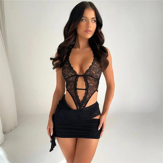 Sexy Short Dress Sets Black Night Club Outfit for Women 2 Piece Lace Mesh Bodysuit and Skirt Sets Summer 2024