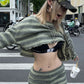 Casual Knit Stripe 2 Piece Set Women Y2K Skew Collar Simple Full Sleeve Crop Tops+Bike Shorts Elastic Street Outfits