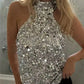 Luxury Shiny Sequins Halter Neck Backless Cami Ladies Fitted Sleeveless Formal Dinner Birthday Party Cropped Tank Tops