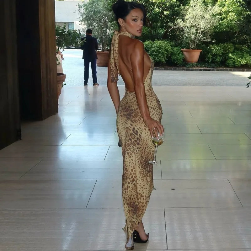 Leopard Print Sexy Dress Woman for Birthday Pictures Asymmetrical Hem Backless Halter Long Dresses