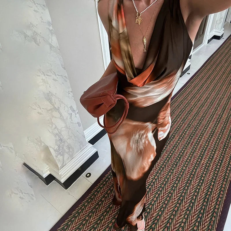 Cowl Neck Sleeveless Long Dresses Elegant Vintage Printed Summer Dress Woman