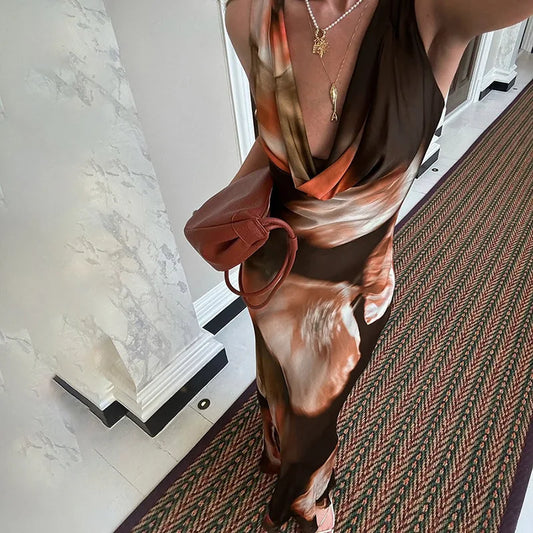 Cowl Neck Sleeveless Long Dresses Elegant Vintage Printed Summer Dress Woman