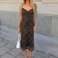 Women Leopard Print Midi Dress Spaghetti Strap Lace V‑Neck Bodycon Dress Sleeveless Backless Evening Party Midi Dresses