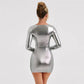 Gray Metallic Long Sleeve Bodycon Dress Fashion Fall Winter Short Dresses for Women Party Night Club Outfits