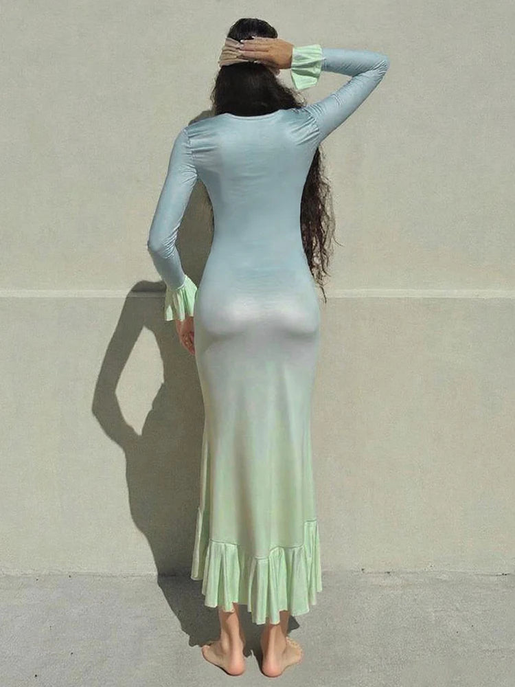 Sexy Gradient Dress Women Y2K Elegant Folds Split Ruffles Full Sleeve Low-Neck Party Banquet Stretch Skinny Vestidos