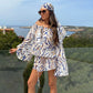 Striped Printed Chiffon Autumn Dresses 2026 Off Shoulder Lantern Sleeve Mini Dress with A Matching Headscarf