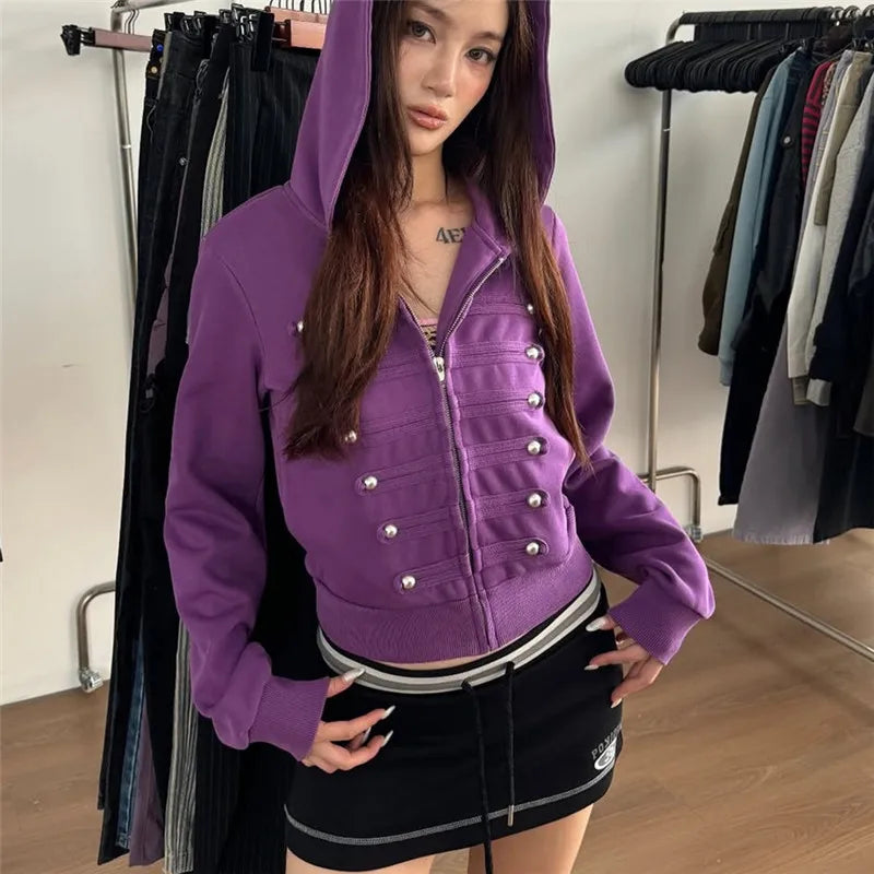 Womens Trendy Cropped Zip Hoodie Military Double Metal Buttons Design Hooded Long Sleeve Slim Short Jacket Street Top