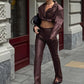 High Street Style 2Piece Set Woman Faux Leather Zip Cardigan Navel Exposed Jacket+Elastic waist Pant Autumn Trend Outfits