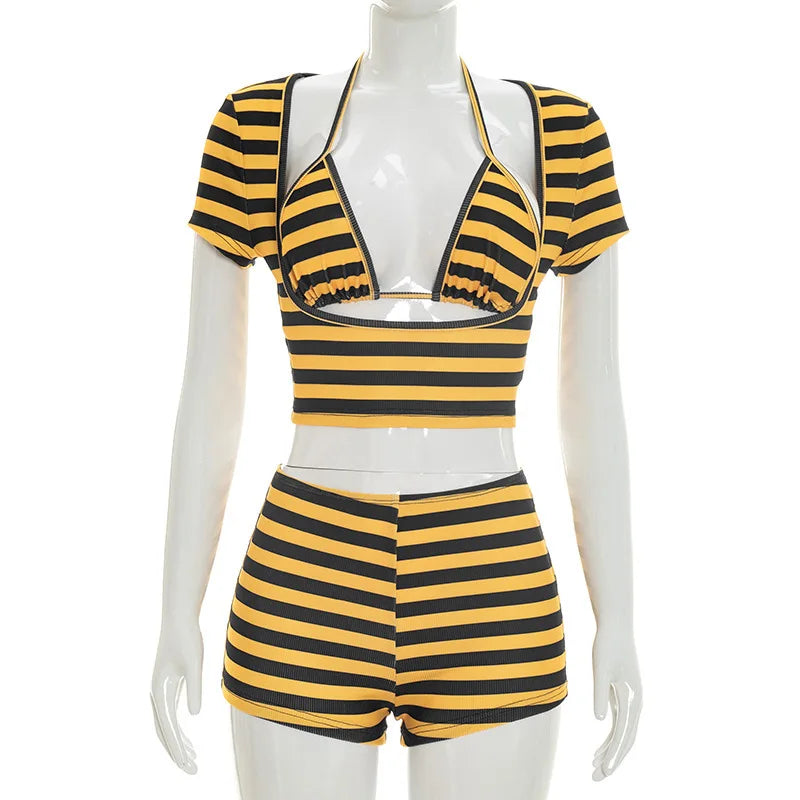 Womens Striped Shorts Set Casual Slim Fit Stylish Short Sleeve T-shirt Halter Bra and Mid Rise Shorts 3 Pcs Set Summer