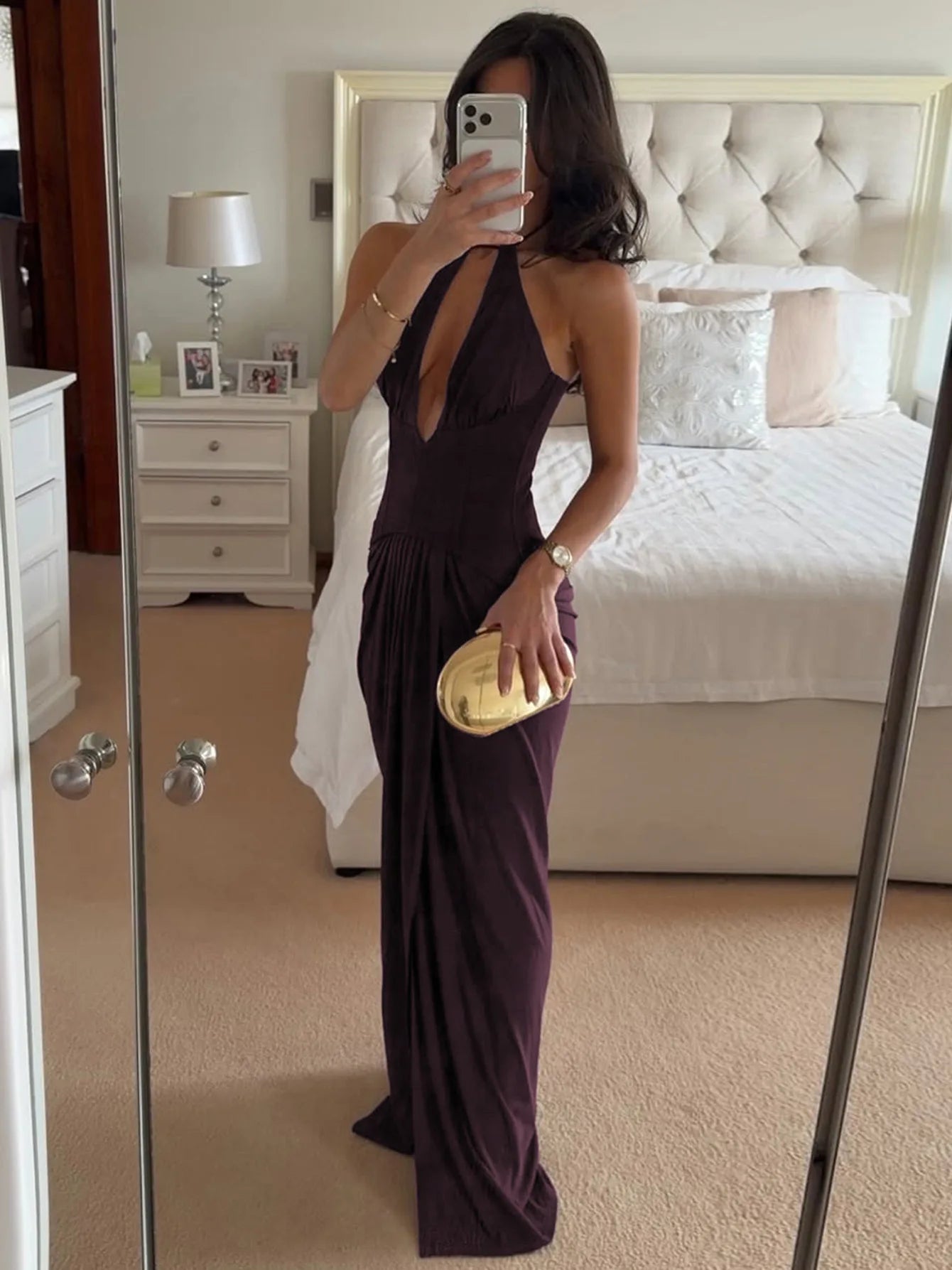 Deep V Neck Backless Slit Maxi Dress Brown 2026 Summer Classic Party Dresses for Woman Elegant