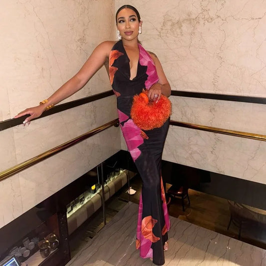 Floral Printed Halter Backless Maxi Dress Summer Vacation Outfits Elegant Evening Party Dresses Woman
