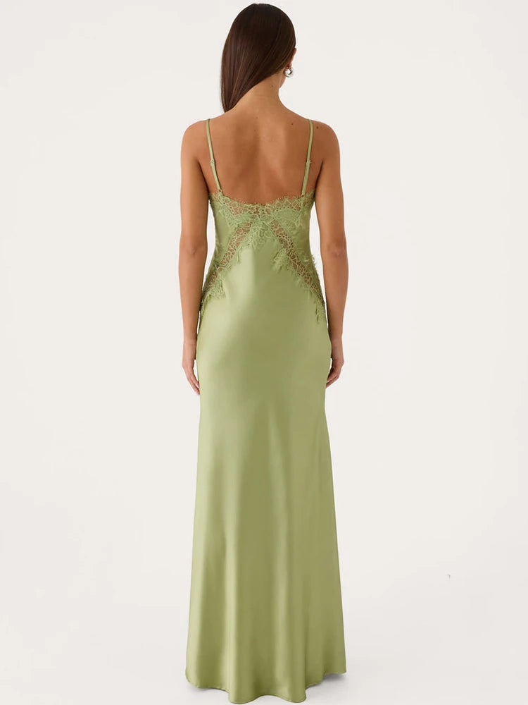Women Spaghetti Strap Sexy Maxi Dress Lace V Neck Cutout Backless Mermaid Formal Evening Wedding Guest Party Dress