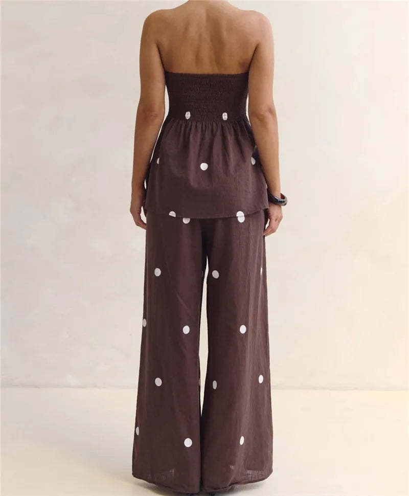Fashion Polka Dot 2 Piece Outfits for Women Double Slit Strapless Tube Top + Baggy Wide Leg Pants Set Summer Streetwear