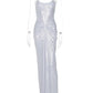 Sliver Spaghetti Strap Sexy Maxi Dress For Women Fashion Sparkle Sleeveless Backless Ruched Beach Club Sexy Long Dress