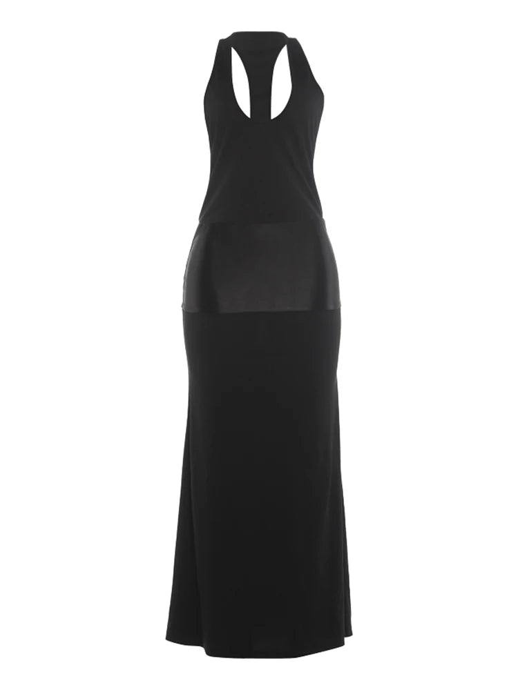 Silky Stain Patchwork Gown Dress Woman Summer Trend Low-Neck Backless Sleeveless Evening Party Elegant Long Bodycon