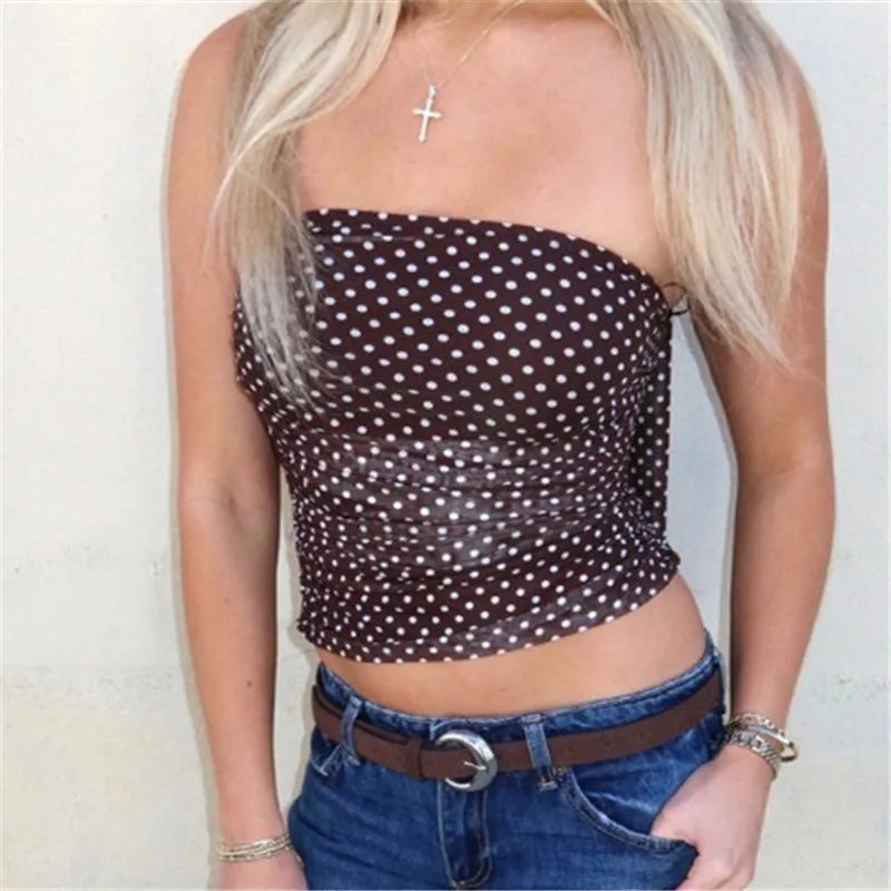 Y2K Retro Polka Dot Mesh Tube Top with Matching Choker Halter Neck Ruched See-Through Cropped Top Edgy Streetwear