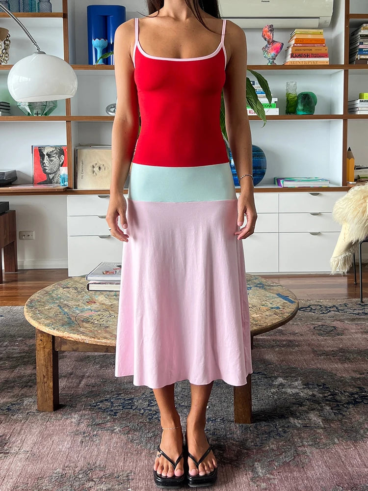 Color Blocked Sexy Midi Dress For Women 2026 Summer Spaghetti Strap Sleeveless Backless Slim Fit Vacation Club Dress