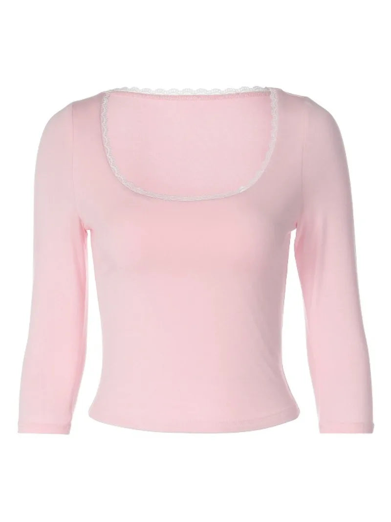 Lace Trim Scoop Neck Half Sleeve Crop Tops for Woman Pink T Shirts 2026 Fall Cutecore Clothes 2000s