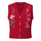 Women Christmas Embroidery Knit Waistcoat V Neck Sleeveless Button Front Cropped Sweater Vest Patterns Xmas Daily Wear