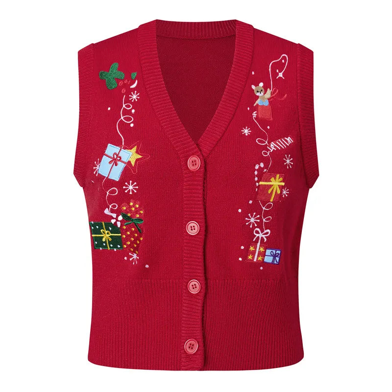 Women Christmas Embroidery Knit Waistcoat V Neck Sleeveless Button Front Cropped Sweater Vest Patterns Xmas Daily Wear