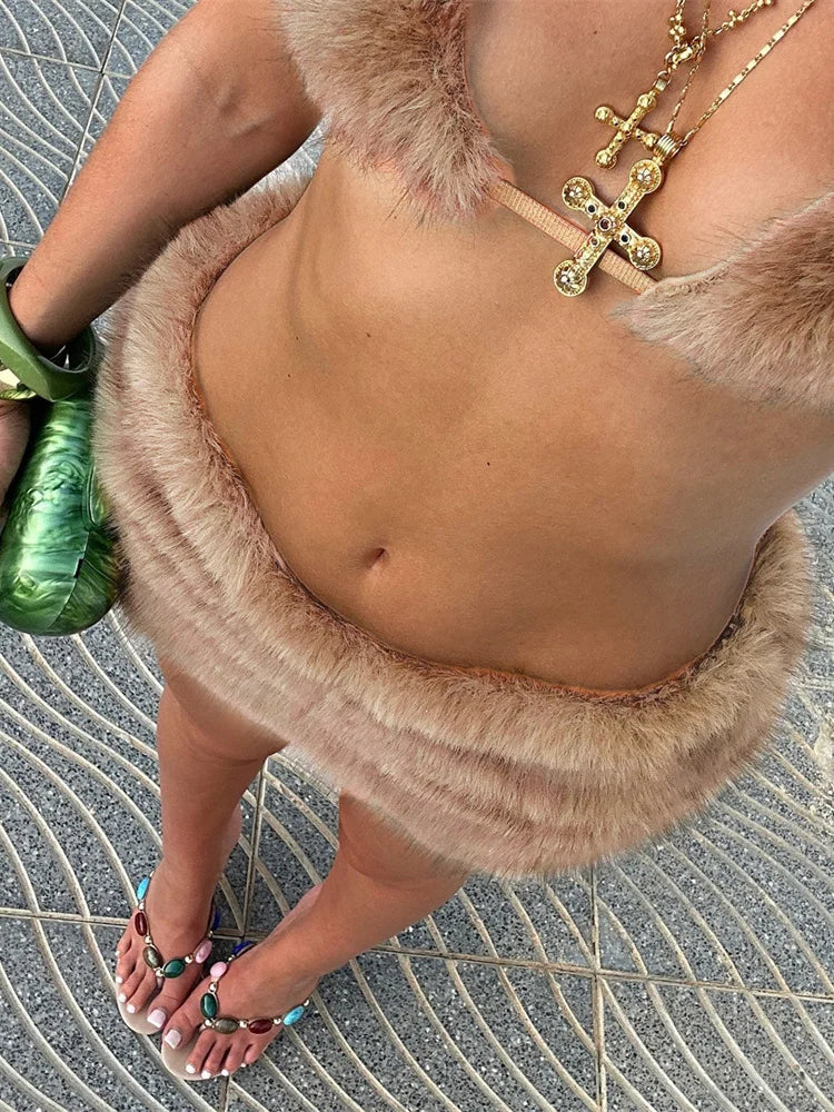 Furry Skirts Women Y2K Vintage Folds High Street Sexy Midnight Hottie Wild Party Simple Classic Club V-Waist Bottoms