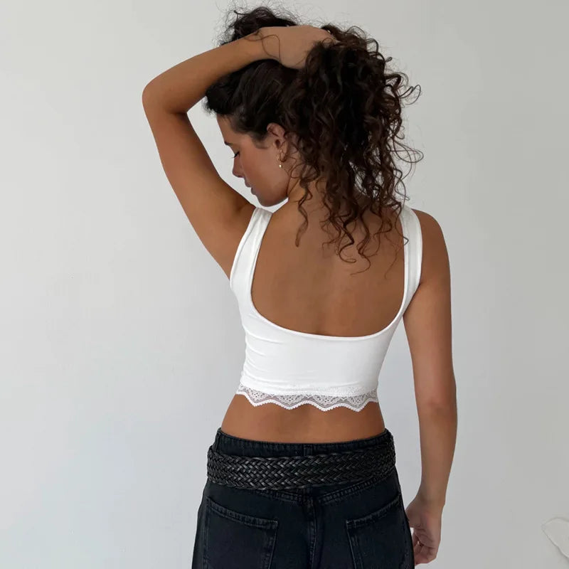 Lace Trim Sleeveless Backless Tank Tops White Black Fashion 2026 Summer Crop Tops for Woman Clothes