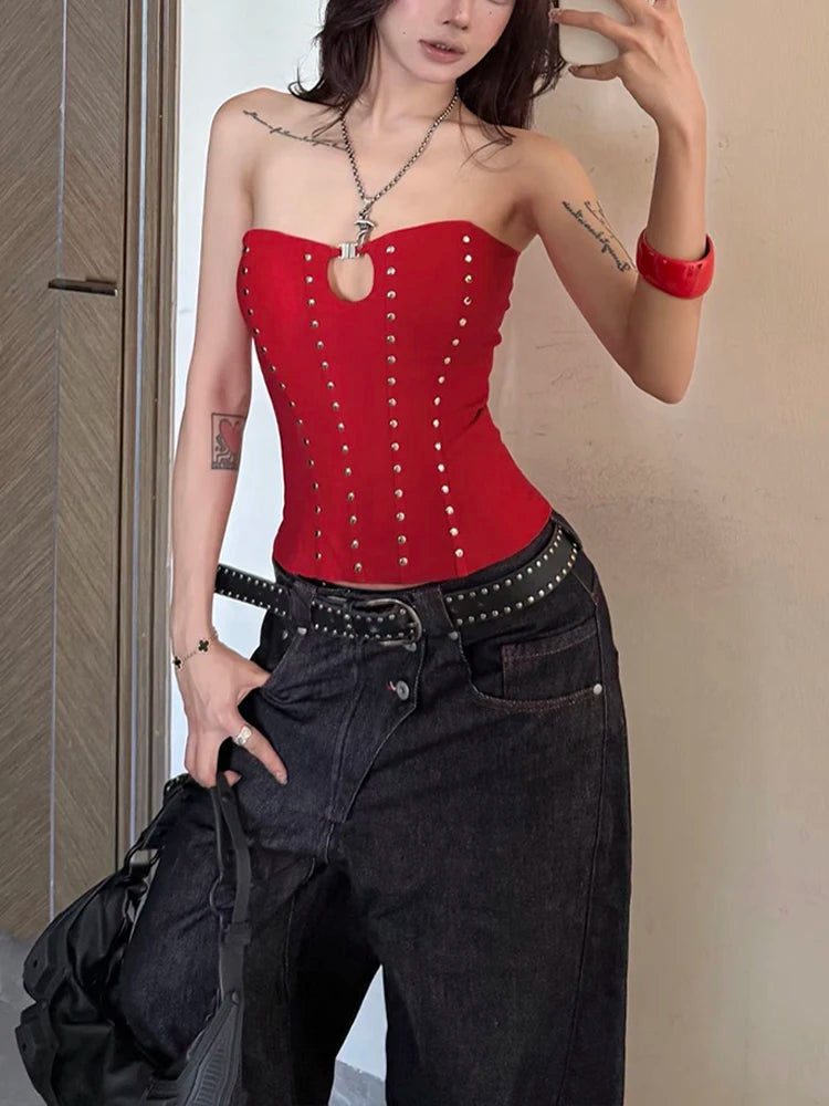 Party Coquette Tank Top Women Hollow Rivet Classic Trend Sleeveless Stretch Skinny Midnight Sexy Christmas Club Vests