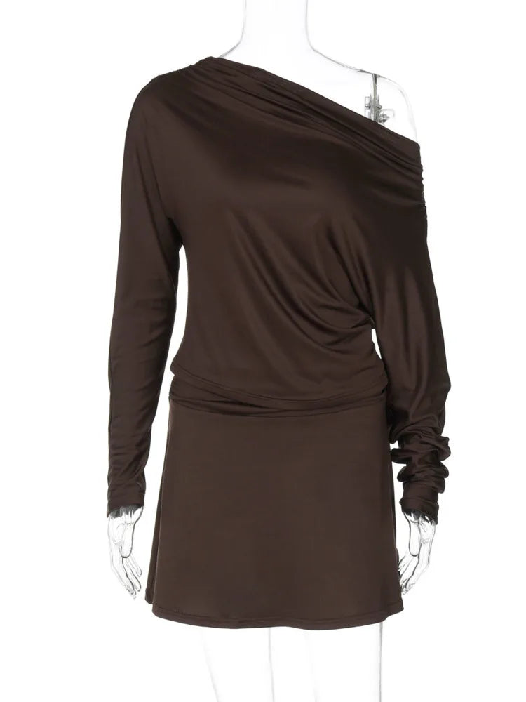 Autumn Fashion Two Piece Set Women One Shoulder Long Sleeve T-shirt And Mini Skirt Matching Set Female Skirt Set New