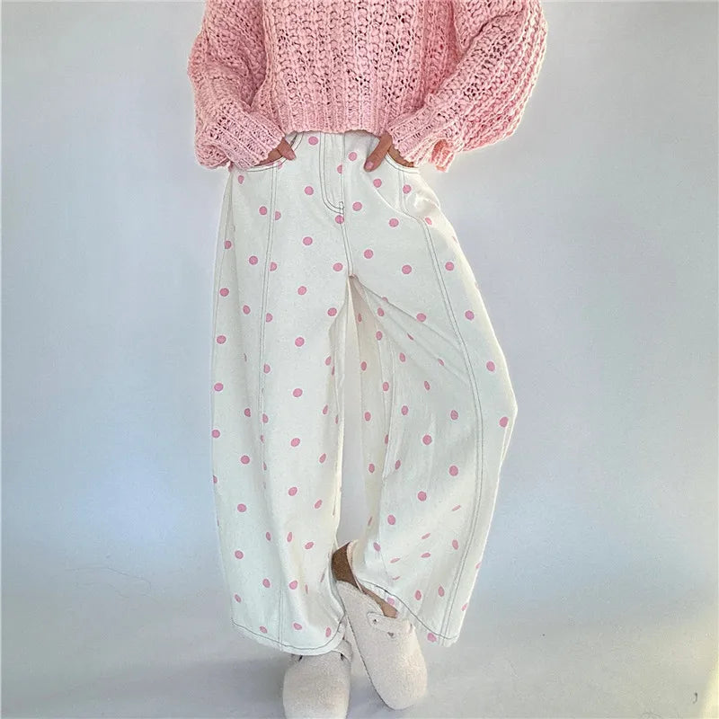 Polka Dot Jeans Women Y2K Print High Waisted Wide Leg Denim Pants Vintage Stretchy Boyfriend Jeans 90s 00s Streetwear
