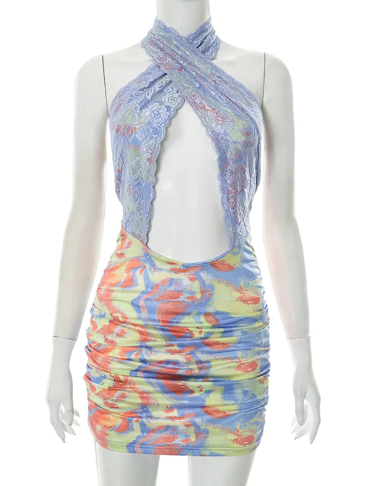 Patchwork Lace Dress Women Sexy Colorful Print Jacquard Cross Halter Sexy Wild Backless Midnight Peach Hip Bodycon