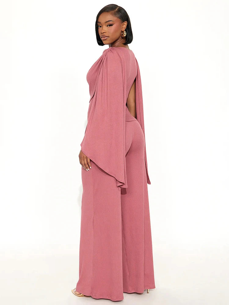 Casual Ribbon 2-Piece Set Women Cape Sleeve Skinny Top+Straight Trousers Matching Simple Elegant Stretch Slim Outfits