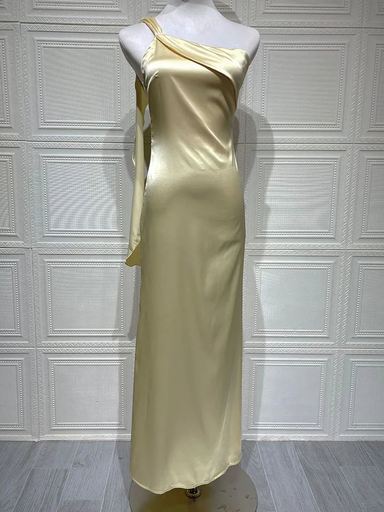 One Shoulder Backless Sexy Maxi Dress Women Gown Satin Skew Collar Sleeveless Thigh High Split Club Party Long Dresses