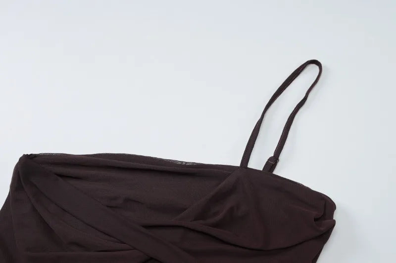 Halter Backless Long Maxi Dresses for Elegant Woman Brown Mesh Party Dress