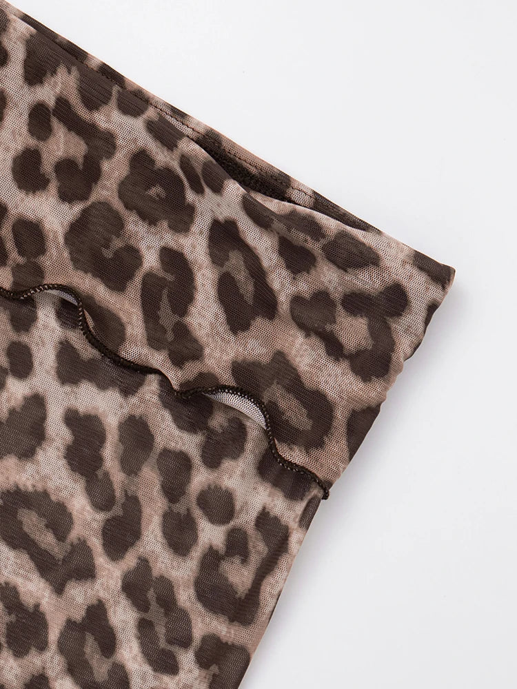 Sexy Leopard Print 2Piece Set Women See Through Long Sleeve Coquette Crop Top+Bike Shorts Stretch Matching Streetwear