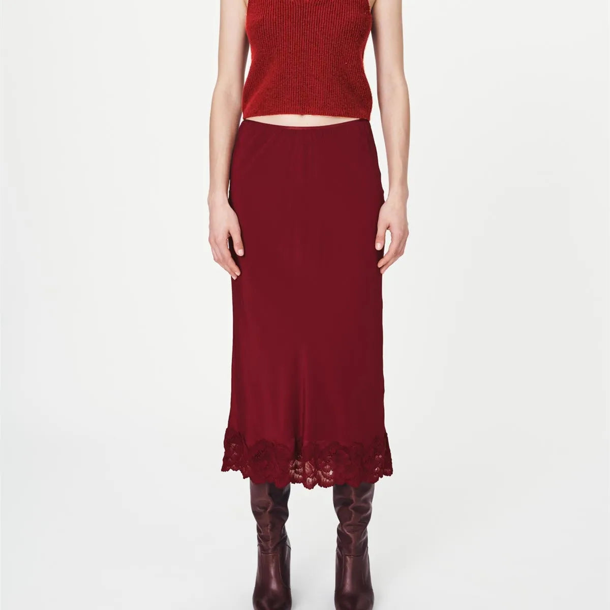 Elegant Women Satin Half Slips Lace Trim Long Underskirt High Waisted Silky Skirt Soft Slip Dress for Skirts Dresses