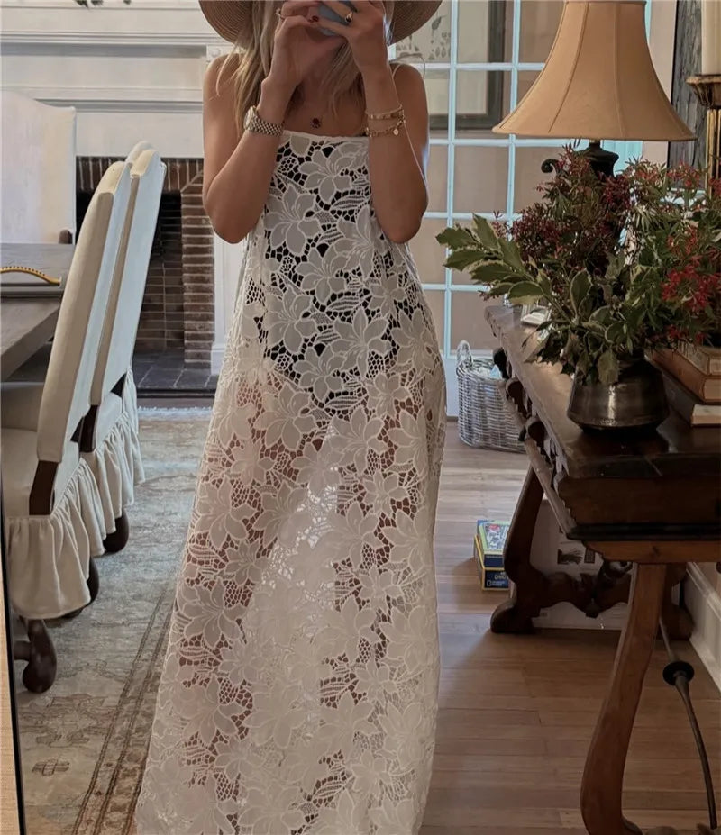 Spaghetti Strap Floral Lace Maxi Dress Women Sheer See Through Long Sundress Beach Cover Up Summer Vacation Party