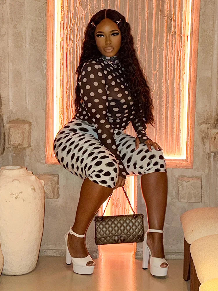 Polka Dot Print 2-Piece Set Women Turtleneck See Through Full Sleeve Crop Tops+Simple Color Blocking Short Streetwear