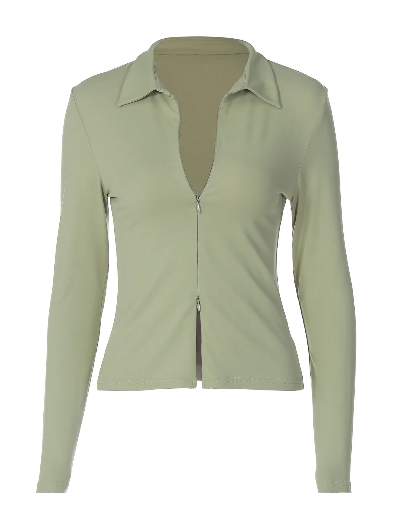 Double-ended Zipper Long Sleeve Tops for Woman Solid Slim Fitted T Shirts Autumn New Fashion Cardigan