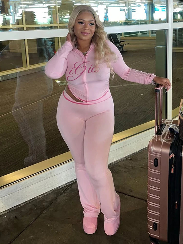 Casual Autumn Trend 2 Piece Set Woman Letter Print Full Sleeve Hooded Zip Jacket+Straight Trousers Street Fashion Outfits