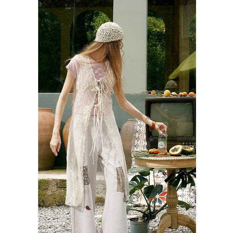 Women's Sheer Floral Lace Long Vest, V Neck Front Tie Sleeveless Long Outerwear, Scalloped Hem Layering
