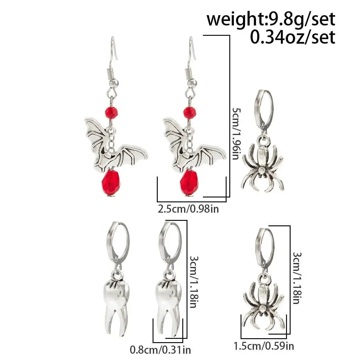 Goth Halloween Red Crystal Bat Spider Tooth Shape Pendant Earrings Trendy Personality Piercing Drop Ear Jewelry Accessory
