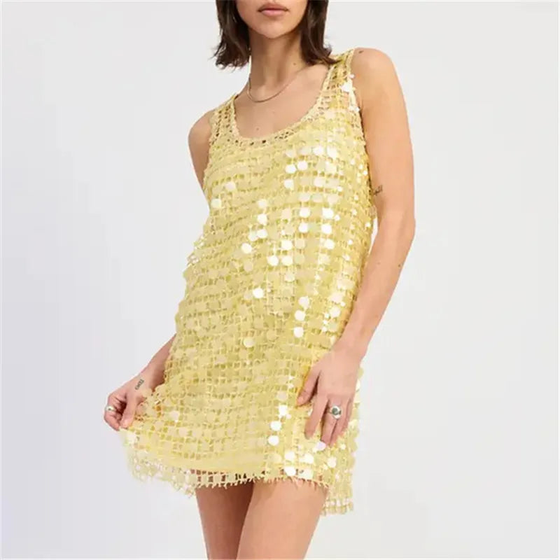 Women Sparkly Sequin Mesh Mini Dress U Neck Tie Back Sleeveless Loose Fit Dress Summer Beach Vacation Party Night Out