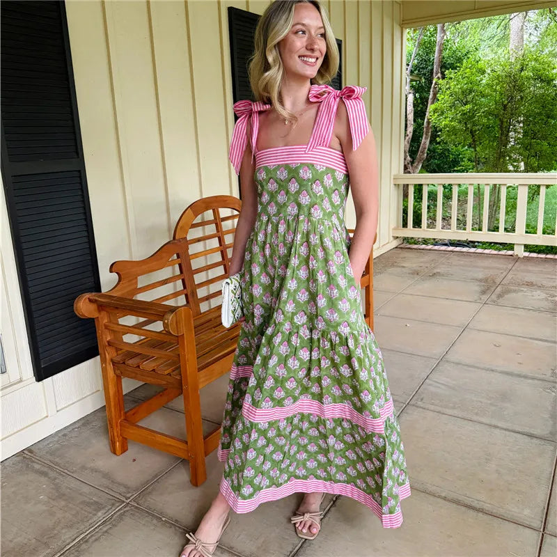 Women Summer Boho Maxi Dress Vintage Floral Tie Shoulder Flowy Long Dress Square Neck Ruffle Tiered Beach Sundress
