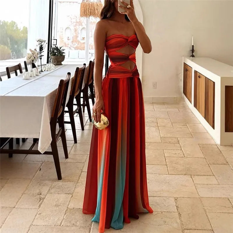 Women Summer Striped Tie-dye Color Twisted Texture Hollow Out Backless Strapless A-line Tube Long Dress Party Clubwear