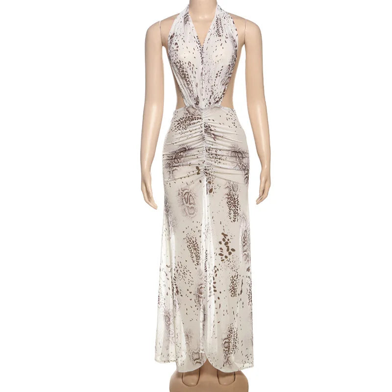 Print Mesh Sheer Sexy Summer Beach Dress Woman 2025 Open Back Deep V Split Long Maxi Dresses Vacation Outfits