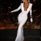 Sexy Low-Neck Maxi Dress Shoulder Pads Skinny Solid Long Sleeve Elasticity Prom Party Simple Classic Elegant Vestidos