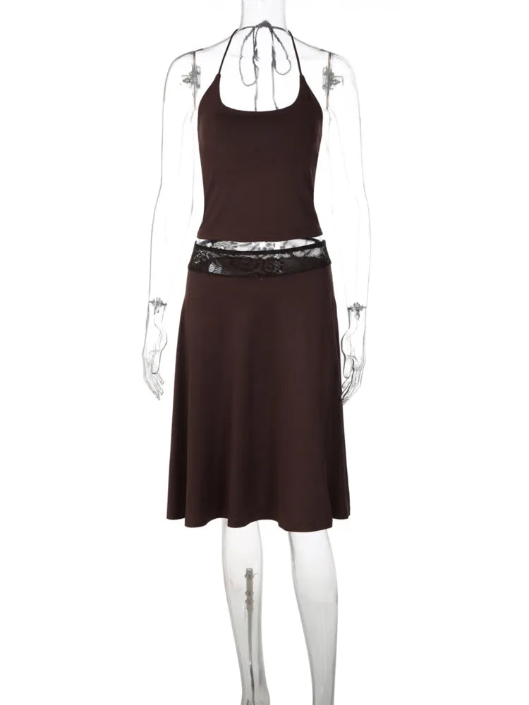 Halter Top And Midi Skirt Sets Women Elegant Sleeveless Backless Bodycon Two Piece Set Female Club Party Dress Set